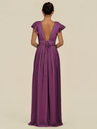 KissDress-Fienna Fig A Line Chiffon Deep V Neck Long Bridesmaid Dress with Flutter Sleeves