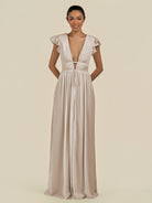 KissDress-Fienna Frost A Line Chiffon Deep V Neck Long Bridesmaid Dress with Flutter Sleeves