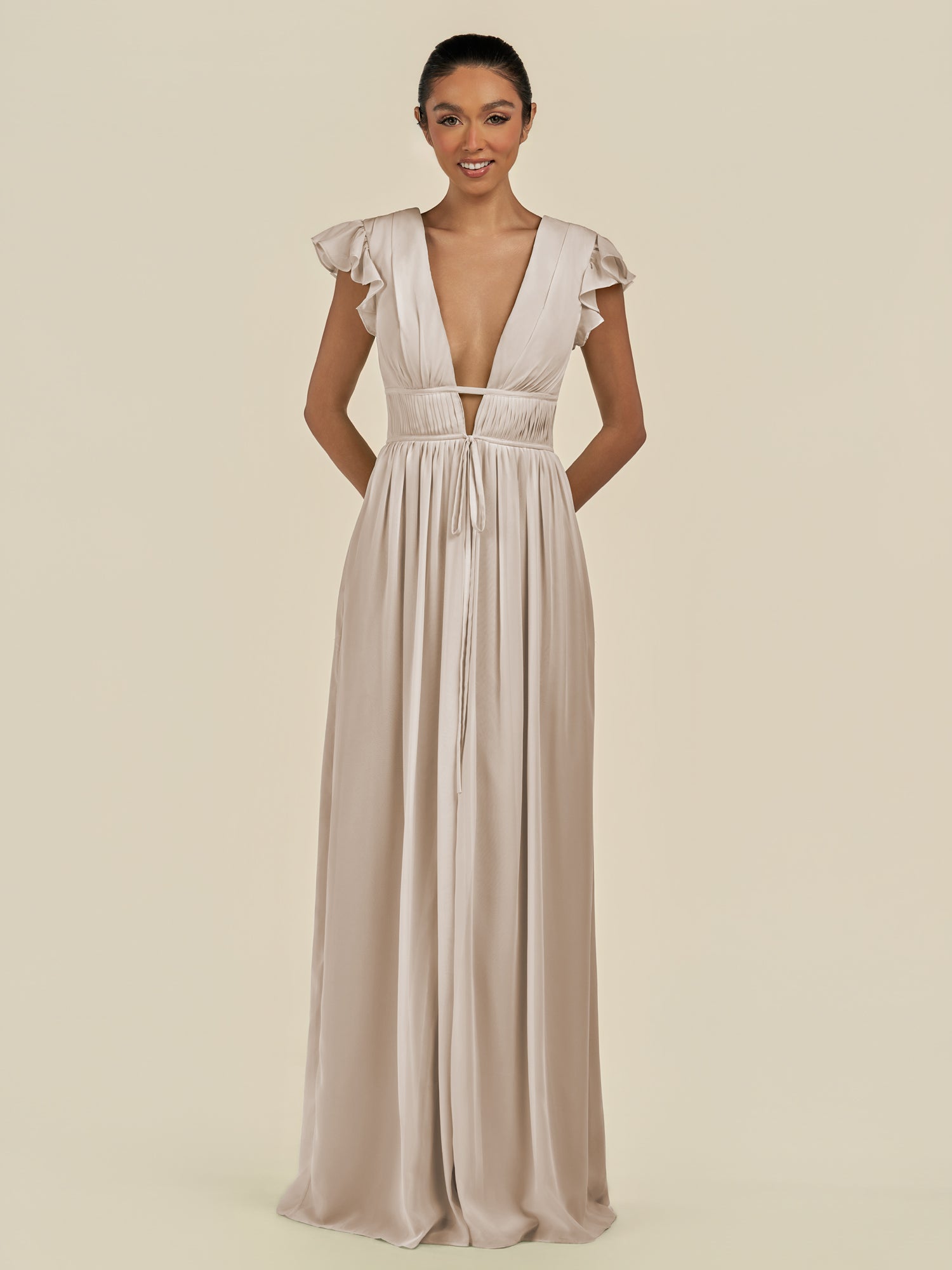 KissDress-Fienna Frost A Line Chiffon Deep V Neck Long Bridesmaid Dress with Flutter Sleeves