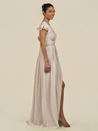 KissDress-Fienna Frost A Line Chiffon Deep V Neck Long Bridesmaid Dress with Flutter Sleeves