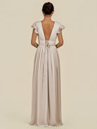 KissDress-Fienna Frost A Line Chiffon Deep V Neck Long Bridesmaid Dress with Flutter Sleeves