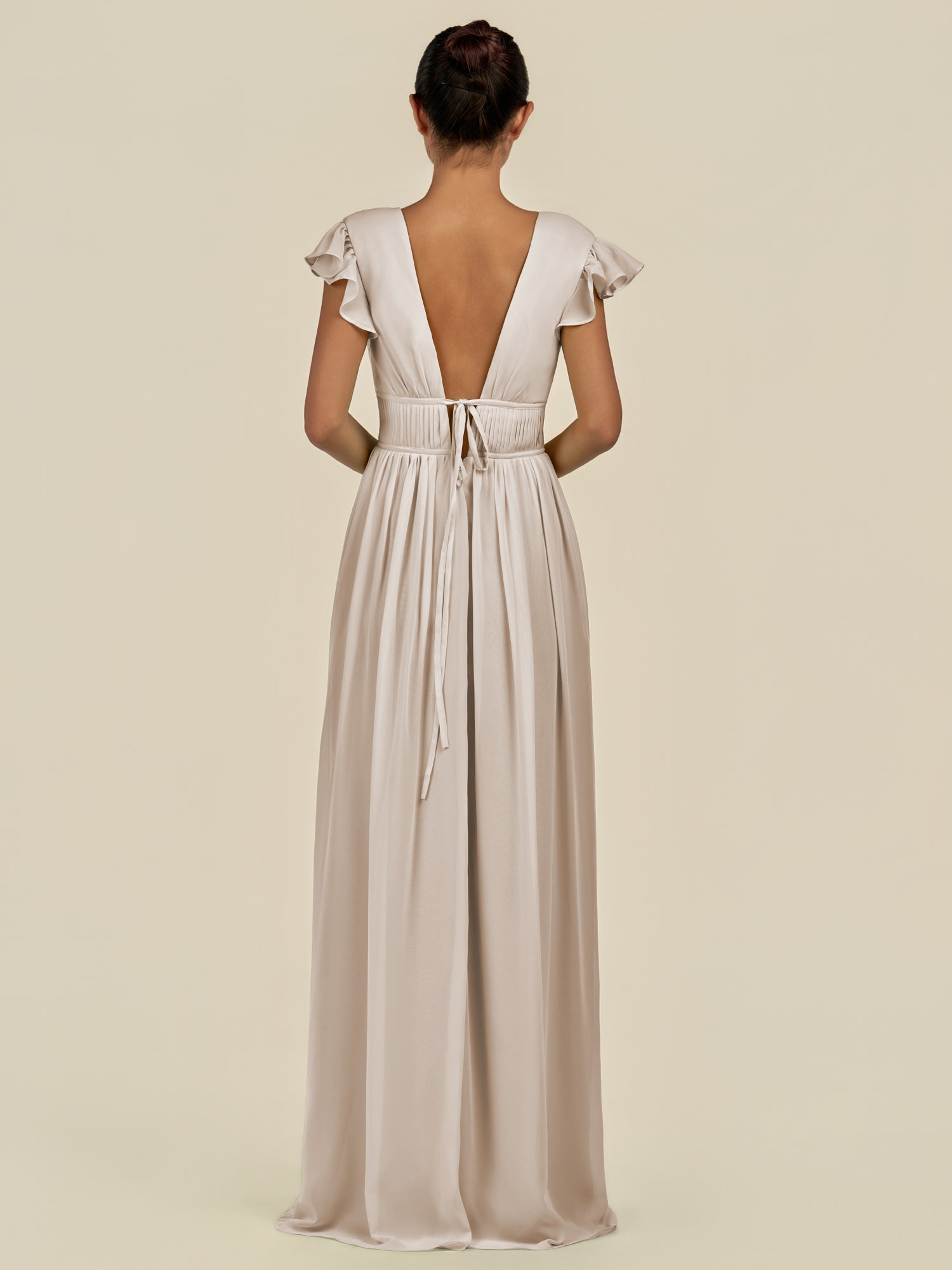 KissDress-Fienna Frost A Line Chiffon Deep V Neck Long Bridesmaid Dress with Flutter Sleeves