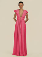 KissDress-Fienna Fuchsia A Line Chiffon Deep V Neck Long Bridesmaid Dress with Flutter Sleeves
