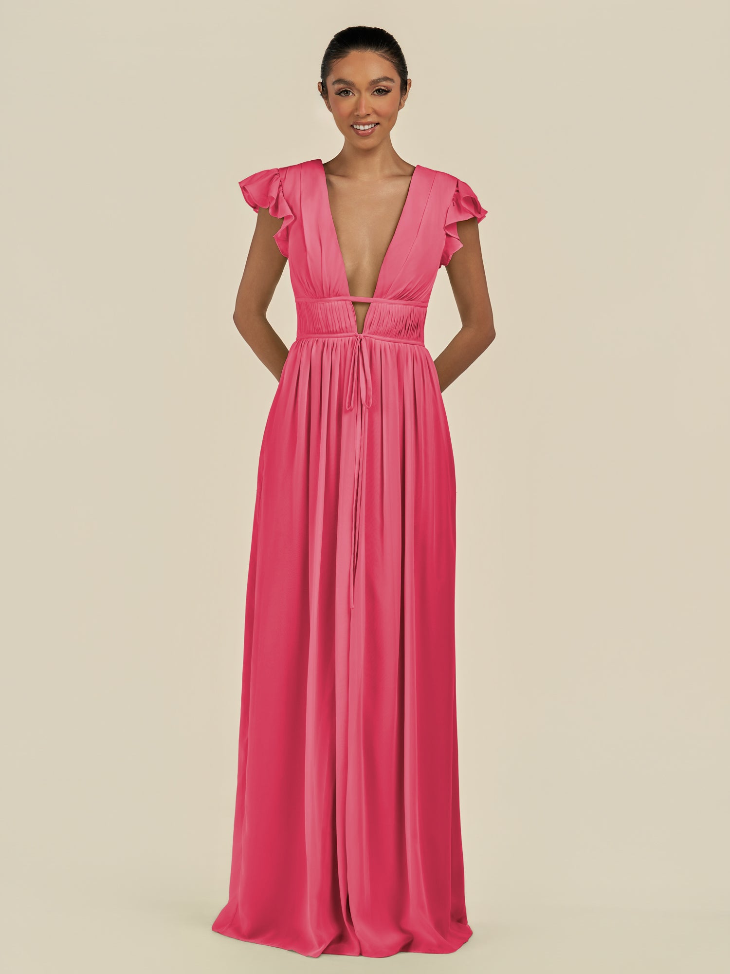 KissDress-Fienna Fuchsia A Line Chiffon Deep V Neck Long Bridesmaid Dress with Flutter Sleeves