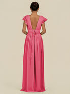 KissDress-Fienna Fuchsia A Line Chiffon Deep V Neck Long Bridesmaid Dress with Flutter Sleeves
