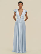 KissDress-Fienna Ice A Line Chiffon Deep V Neck Long Bridesmaid Dress with Flutter Sleeves