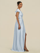 KissDress-Fienna Ice A Line Chiffon Deep V Neck Long Bridesmaid Dress with Flutter Sleeves