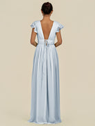 KissDress-Fienna Ice A Line Chiffon Deep V Neck Long Bridesmaid Dress with Flutter Sleeves