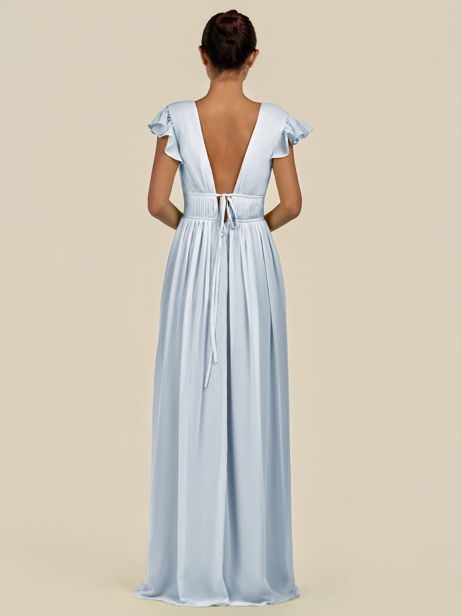 KissDress-Fienna Ice A Line Chiffon Deep V Neck Long Bridesmaid Dress with Flutter Sleeves