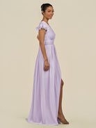 KissDress-Fienna Lavender A Line Chiffon Deep V Neck Long Bridesmaid Dress with Flutter Sleeves
