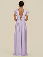 KissDress-Fienna Lavender A Line Chiffon Deep V Neck Long Bridesmaid Dress with Flutter Sleeves