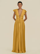 KissDress-Fienna Marigold A Line Chiffon Deep V Neck Long Bridesmaid Dress with Flutter Sleeves