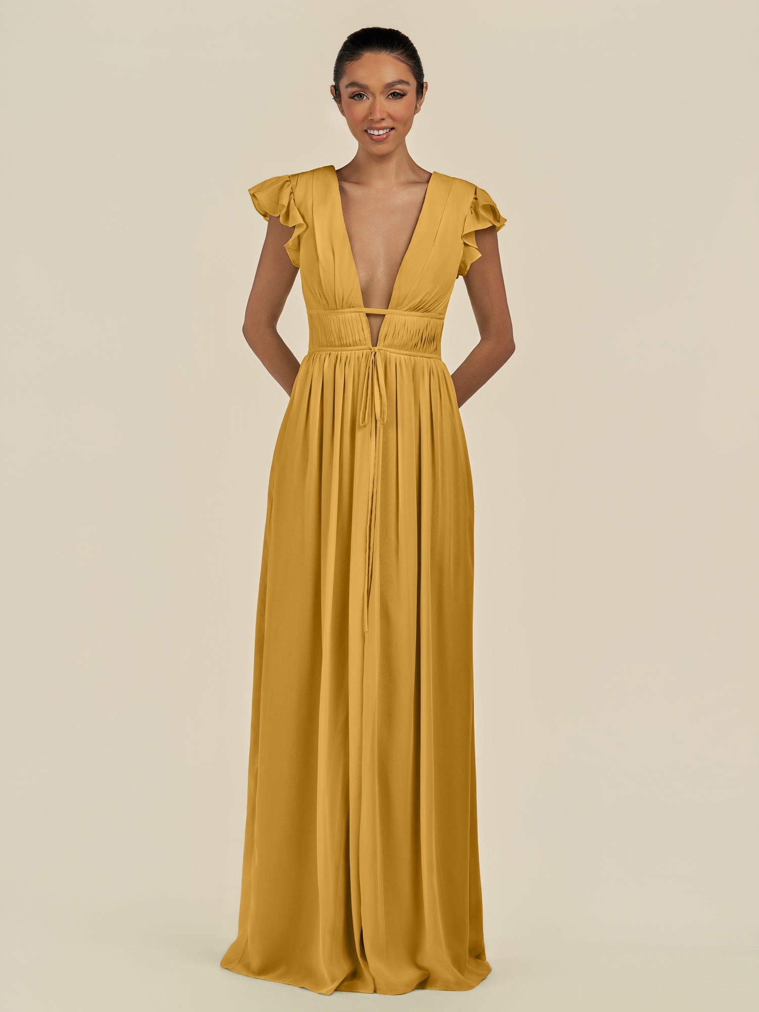 KissDress-Fienna Marigold A Line Chiffon Deep V Neck Long Bridesmaid Dress with Flutter Sleeves