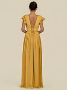 KissDress-Fienna Marigold A Line Chiffon Deep V Neck Long Bridesmaid Dress with Flutter Sleeves