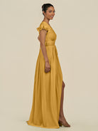 KissDress-Fienna Marigold A Line Chiffon Deep V Neck Long Bridesmaid Dress with Flutter Sleeves