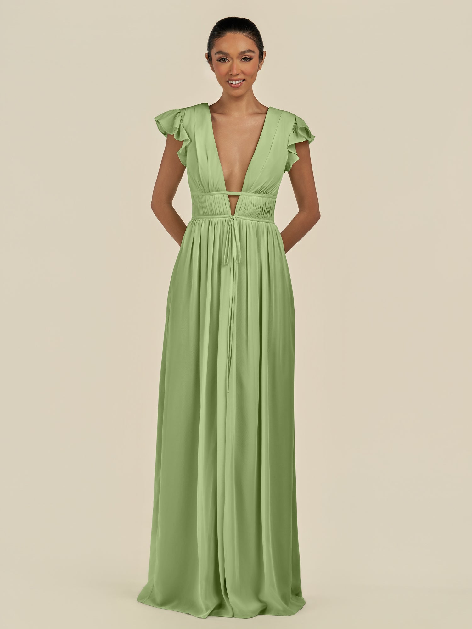 KissDress-Fienna Matcha A Line Chiffon Deep V Neck Long Bridesmaid Dress with Flutter Sleeves