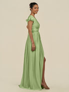 KissDress-Fienna Matcha A Line Chiffon Deep V Neck Long Bridesmaid Dress with Flutter Sleeves