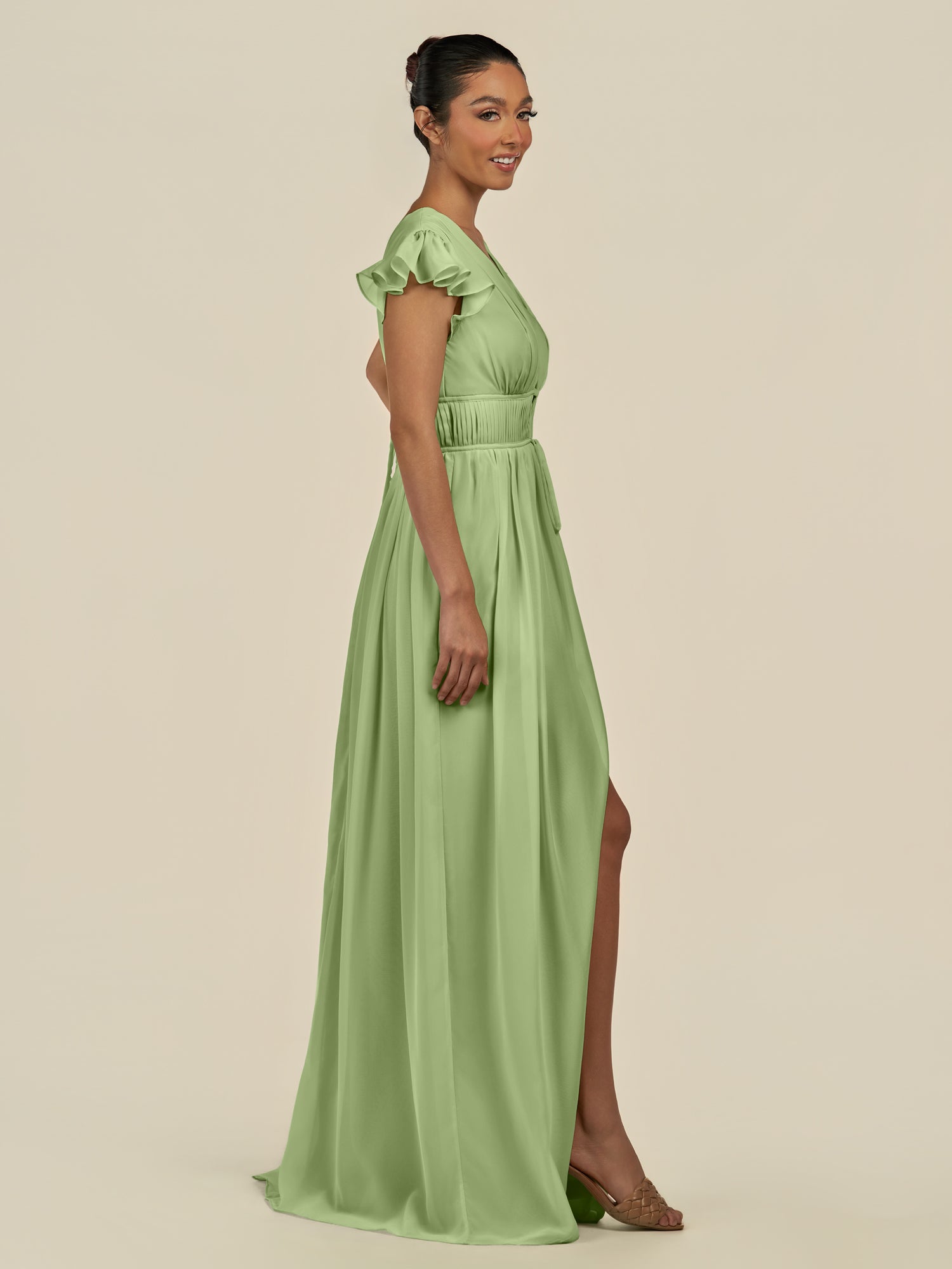 KissDress-Fienna Matcha A Line Chiffon Deep V Neck Long Bridesmaid Dress with Flutter Sleeves