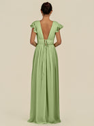 KissDress-Fienna Matcha A Line Chiffon Deep V Neck Long Bridesmaid Dress with Flutter Sleeves