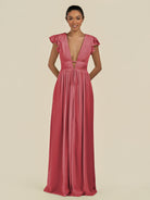KissDress-Fienna Merlot A Line Chiffon Deep V Neck Long Bridesmaid Dress with Flutter Sleeves