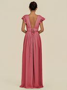 KissDress-Fienna Merlot A Line Chiffon Deep V Neck Long Bridesmaid Dress with Flutter Sleeves