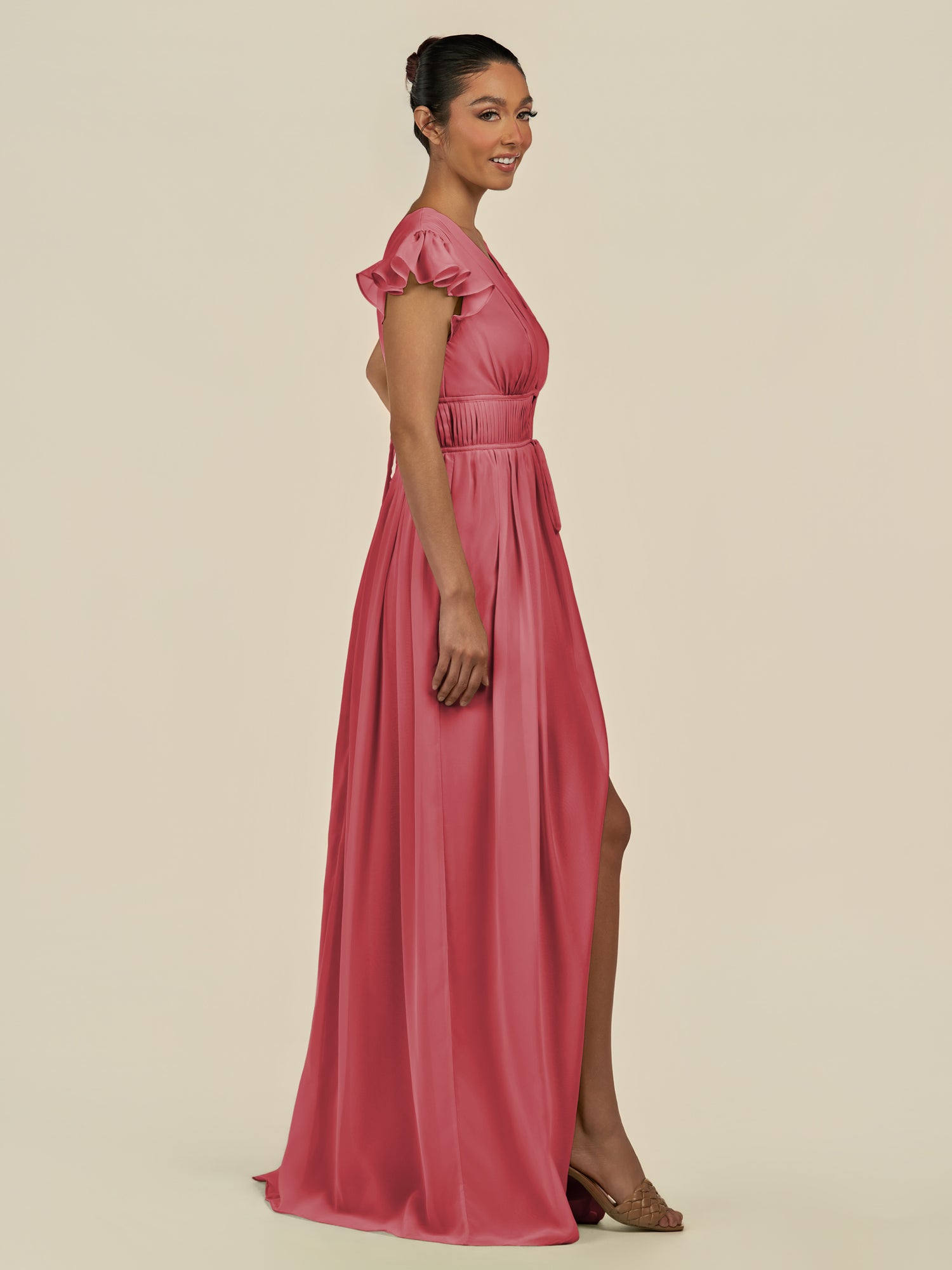 KissDress-Fienna Merlot A Line Chiffon Deep V Neck Long Bridesmaid Dress with Flutter Sleeves