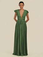 KissDress-Fienna Moss A Line Chiffon Deep V Neck Long Bridesmaid Dress with Flutter Sleeves