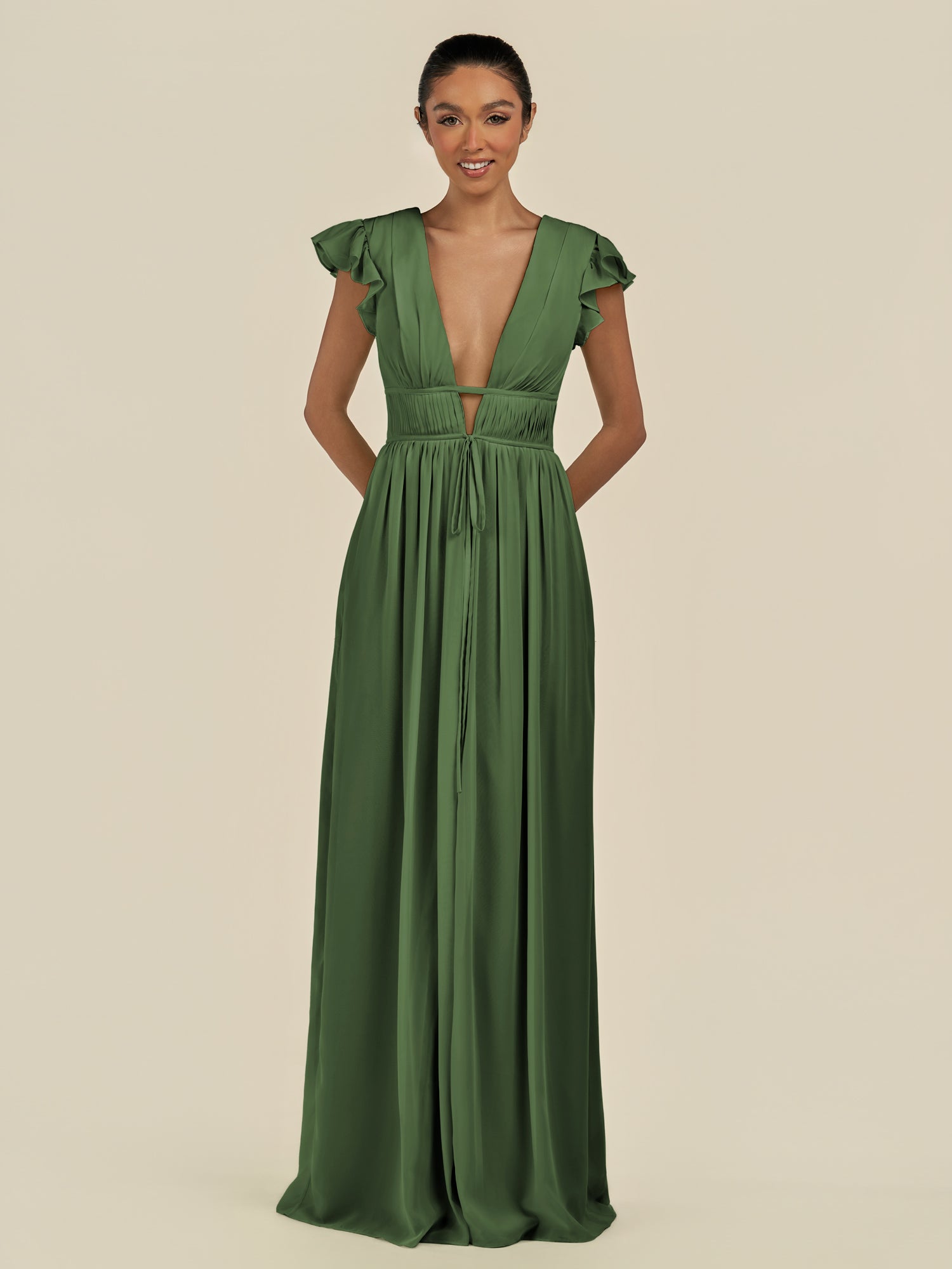 KissDress-Fienna Moss A Line Chiffon Deep V Neck Long Bridesmaid Dress with Flutter Sleeves