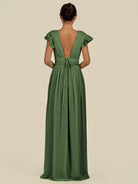 KissDress-Fienna Moss A Line Chiffon Deep V Neck Long Bridesmaid Dress with Flutter Sleeves