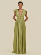 KissDress-Fienna Moss Green A Line Chiffon Deep V Neck Long Bridesmaid Dress with Flutter Sleeves