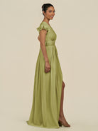 KissDress-Fienna Moss Green A Line Chiffon Deep V Neck Long Bridesmaid Dress with Flutter Sleeves