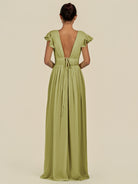 KissDress-Fienna Moss Green A Line Chiffon Deep V Neck Long Bridesmaid Dress with Flutter Sleeves