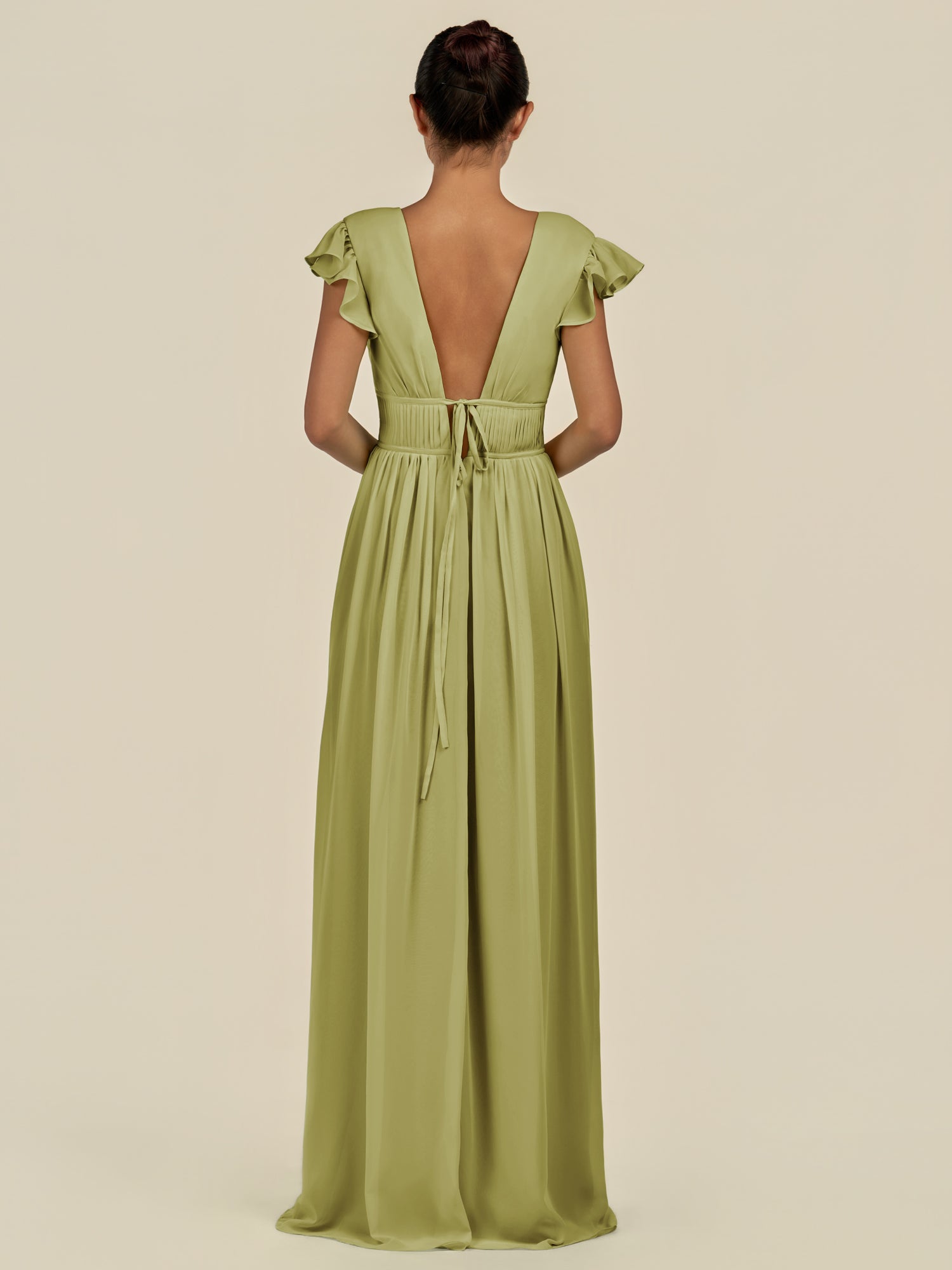 KissDress-Fienna Moss Green A Line Chiffon Deep V Neck Long Bridesmaid Dress with Flutter Sleeves