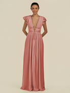 KissDress-Fienna Mulberry A Line Chiffon Deep V Neck Long Bridesmaid Dress with Flutter Sleeves