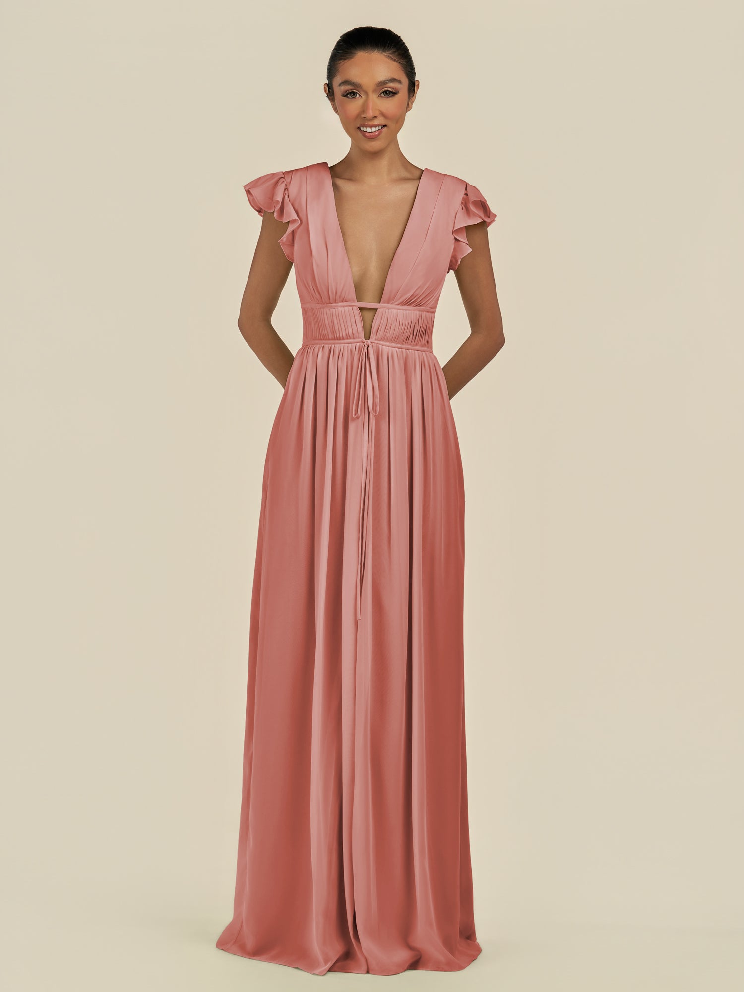 KissDress-Fienna Mulberry A Line Chiffon Deep V Neck Long Bridesmaid Dress with Flutter Sleeves