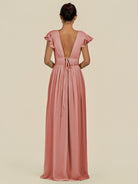 KissDress-Fienna Mulberry A Line Chiffon Deep V Neck Long Bridesmaid Dress with Flutter Sleeves