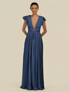 KissDress-Fienna Navy A Line Chiffon Deep V Neck Long Bridesmaid Dress with Flutter Sleeves