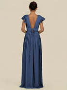 KissDress-Fienna Navy A Line Chiffon Deep V Neck Long Bridesmaid Dress with Flutter Sleeves
