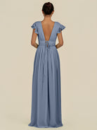 KissDress-Fienna Neptune A Line Chiffon Deep V Neck Long Bridesmaid Dress with Flutter Sleeves