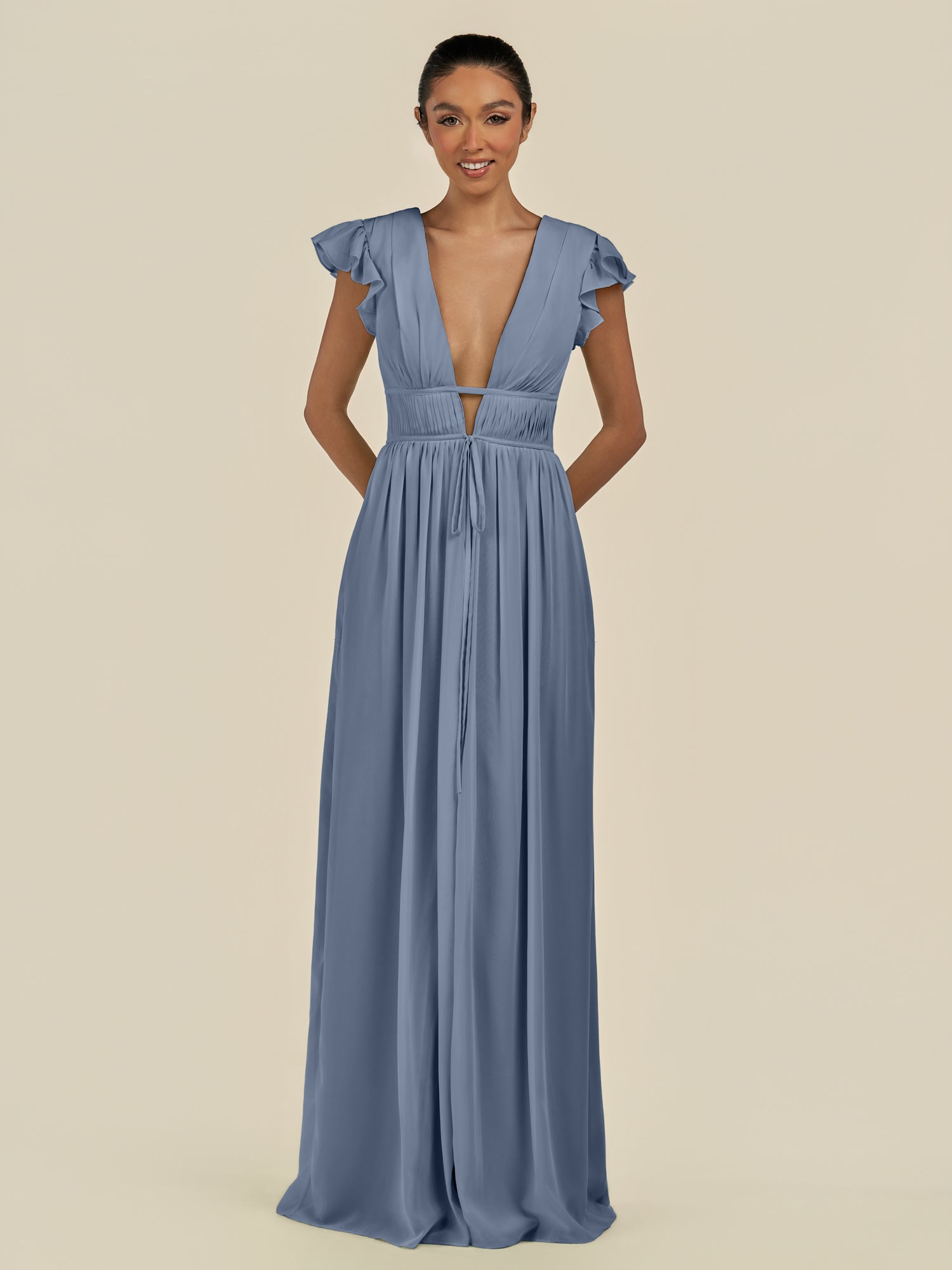 KissDress-Fienna Neptune A Line Chiffon Deep V Neck Long Bridesmaid Dress with Flutter Sleeves