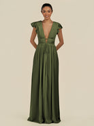 KissDress-Fienna Olive A Line Chiffon Deep V Neck Long Bridesmaid Dress with Flutter Sleeves