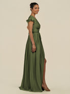 KissDress-Fienna Olive A Line Chiffon Deep V Neck Long Bridesmaid Dress with Flutter Sleeves