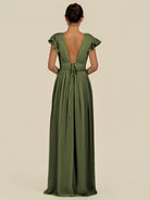 KissDress-Fienna Olive A Line Chiffon Deep V Neck Long Bridesmaid Dress with Flutter Sleeves