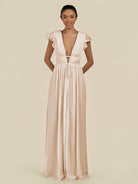 KissDress-Fienna Pale Blush A Line Chiffon Deep V Neck Long Bridesmaid Dress with Flutter Sleeves