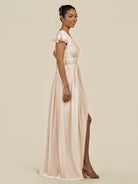 KissDress-Fienna Pale Blush A Line Chiffon Deep V Neck Long Bridesmaid Dress with Flutter Sleeves
