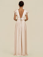KissDress-Fienna Pale Blush A Line Chiffon Deep V Neck Long Bridesmaid Dress with Flutter Sleeves