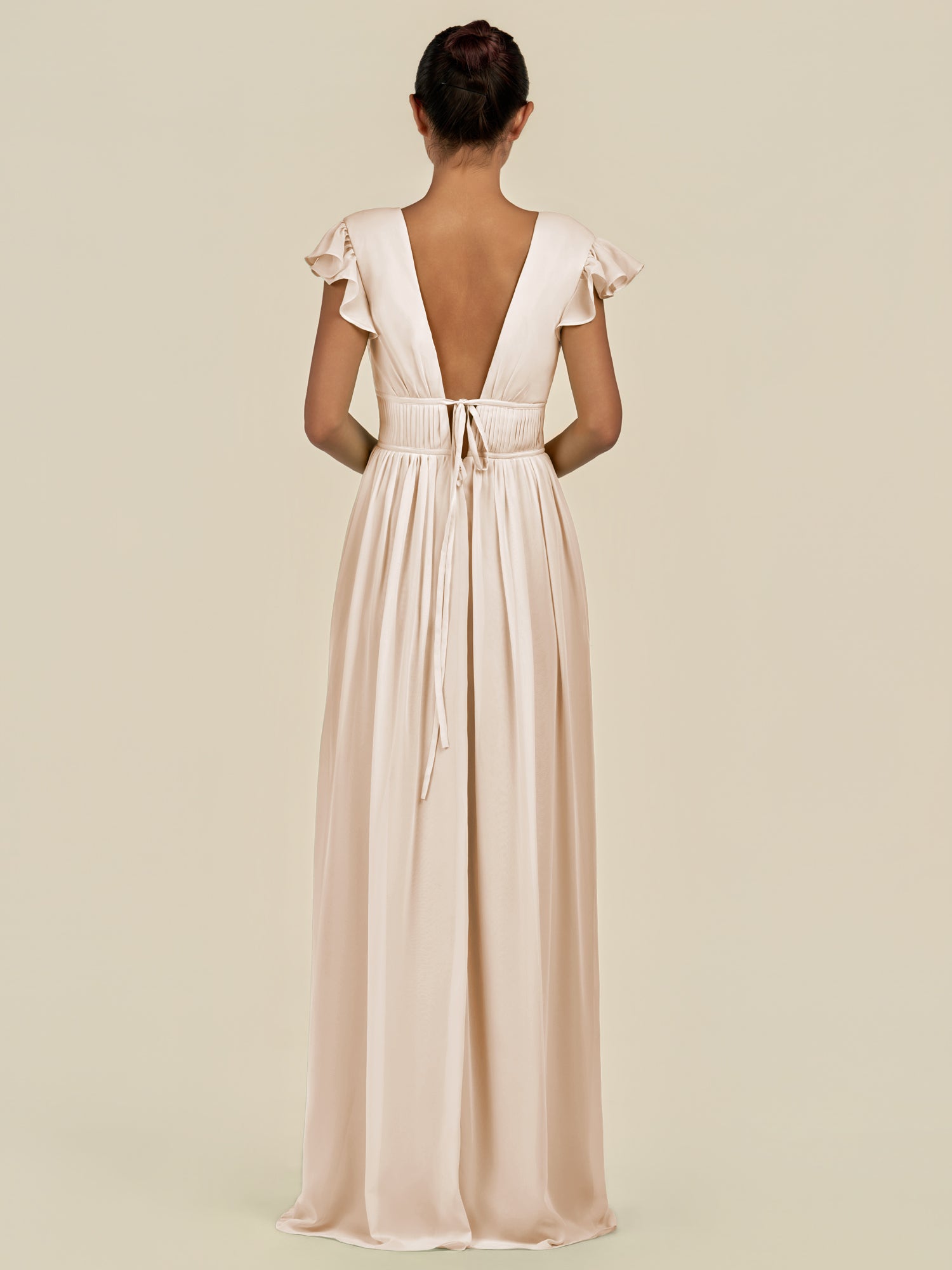 KissDress-Fienna Pale Blush A Line Chiffon Deep V Neck Long Bridesmaid Dress with Flutter Sleeves