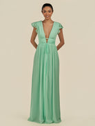KissDress-Fienna Pale Pistachio A Line Chiffon Deep V Neck Long Bridesmaid Dress with Flutter Sleeves
