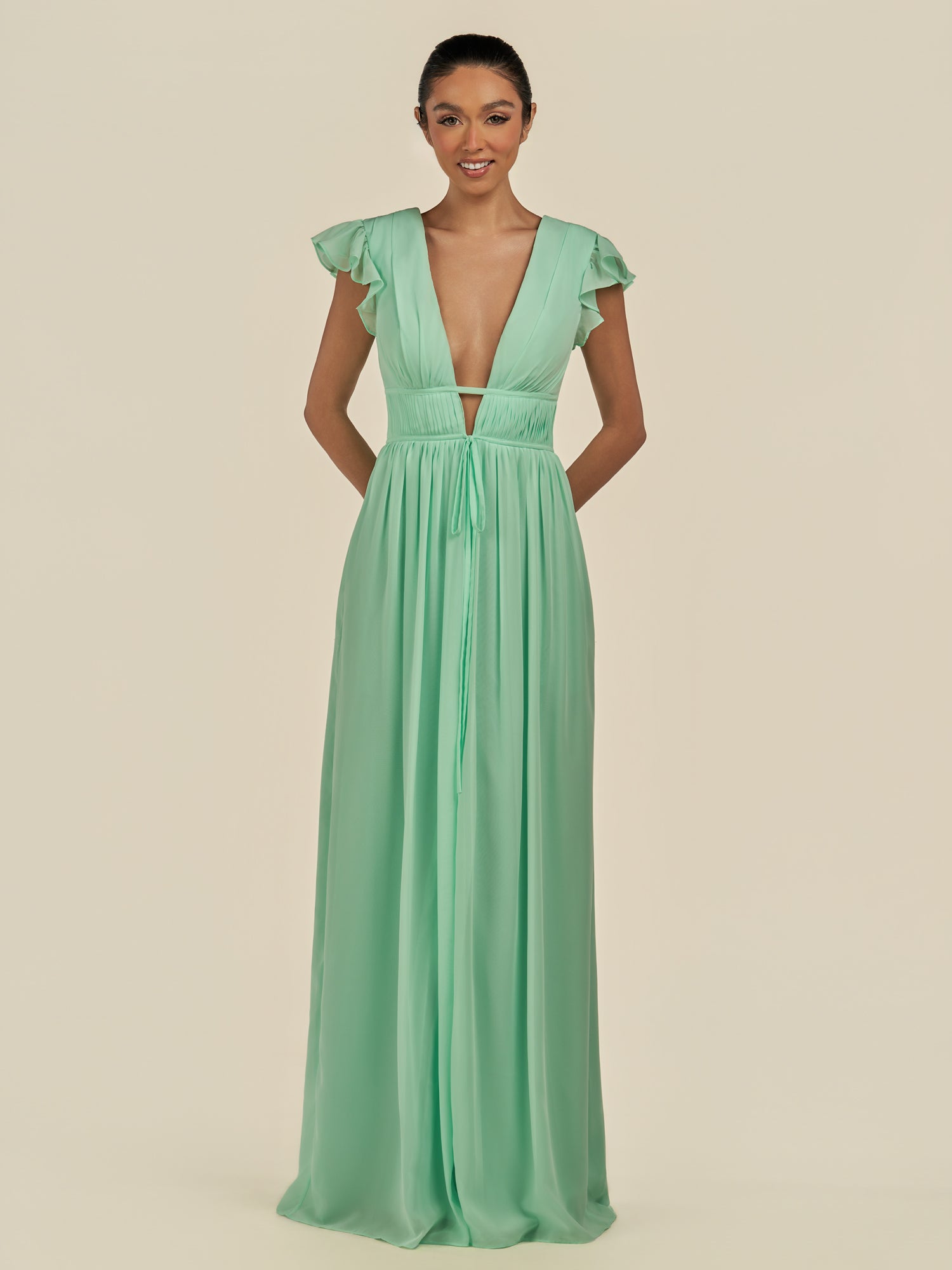 KissDress-Fienna Pale Pistachio A Line Chiffon Deep V Neck Long Bridesmaid Dress with Flutter Sleeves