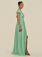 KissDress-Fienna Pale Pistachio A Line Chiffon Deep V Neck Long Bridesmaid Dress with Flutter Sleeves